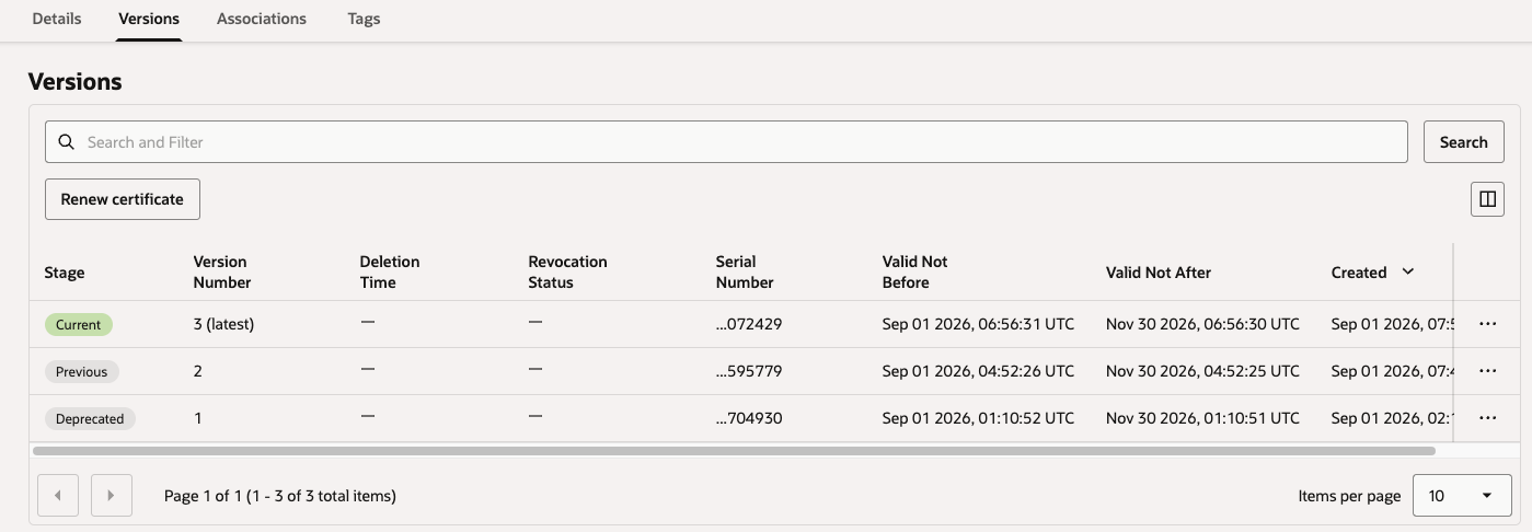 OCI Certificates Service의 갱신된 certificate version