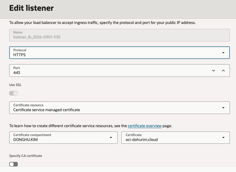 Load Balancer Listener의 Certificates Service certificate 선택