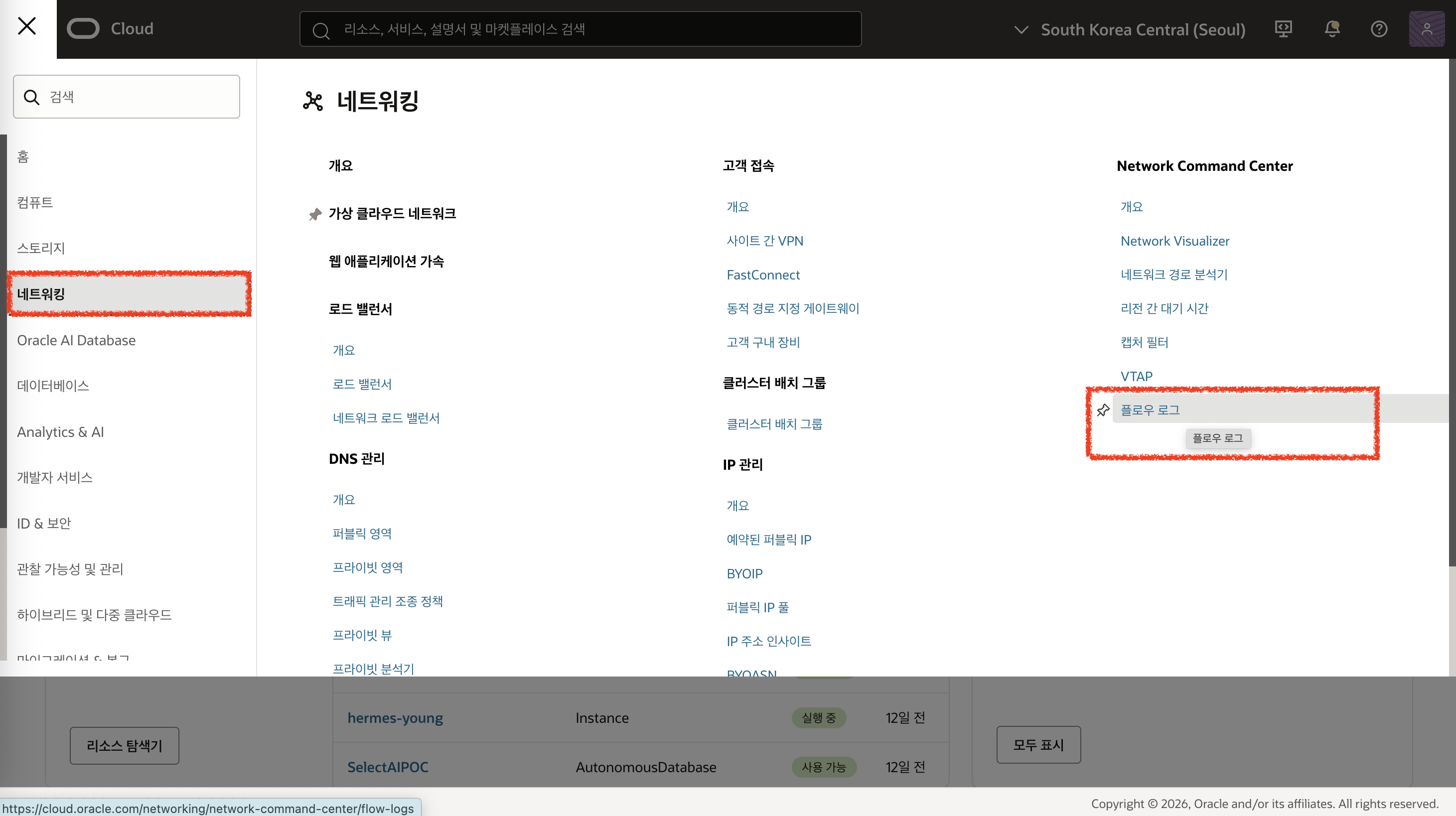 Network Command Center의 플로우 로그 메뉴